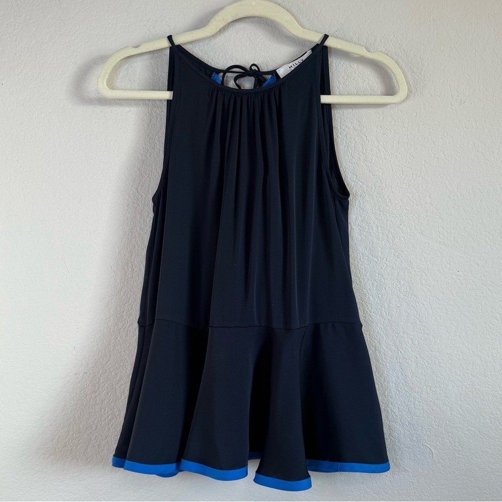 Milly Navy Blue Silk Blend Ruffle Tie Back Royal Blue Trim Tank Top Blouse Sz SM